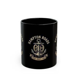 Hampton Roads Anchor Mug — Nautical Vintage Black Coffee Cup (Est. 1607, VA) — Virginia Pride Gift