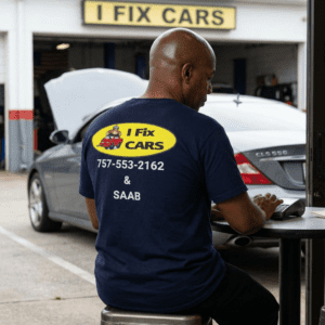 I Fix Cars Pocket T‑Shirt — Mechanic Garage Tee with Phone Number & SAAB Back Print