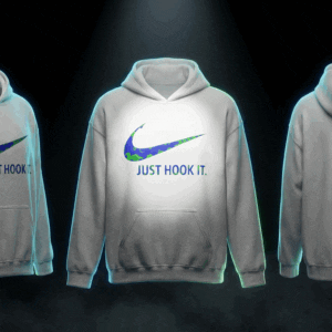 PRODUCT: Just Hook It Fishing Hoodie GARMENT TYPE: hoodie OUTPUT: GIF · 800x800px square ═══════════════════════════════════════ 🌑 DARK STREETWEAR — DRAMATIC 360° MODE ═══════════════════════════════════════ 360-degree rotating ghost mannequin product showcase of a hoodie called "Just Hook It Fishing Hoodie". The mannequin body is completely invisible — only the hoodie is visible, floating perfectly filled out as if worn by a body with natural weight and drape. BACKGROUND & LIGHTING: Deep matte black background. Single dramatic overhead spotlight casting a tight pool of light on the hoodie. Electric neon rim light traces the outer edges of the hoodie as it rotates — subtle glow, not cartoon. Optional: faint smoke or fog at the base. ROTATION: Smooth seamless clockwise 360° rotation. One full rotation in 4–6 seconds. When the front graphic faces the camera — PAUSE briefly with a dramatic light pulse on the graphic (0.5 sec spotlight flash). Then continue rotation smoothly. FABRIC DETAIL: Photorealistic heavyweight fabric texture. Natural fold lines at the arms and hem. Slight fabric movement suggesting weight and quality. Print on chest must be sharp and fully legible. MOOD & ENERGY: Hype streetwear brand energy. Dark, premium, exclusive. The kind of product shot that makes someone stop scrolling immediately. TECHNICAL: Seamless infinite loop. No mannequin. No model. No background objects. Crisp clean edges against dark background. Output: GIF · 800x800px square · ecommerce product quality.