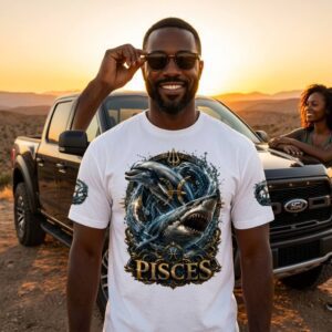 Pisces Shirt, Dolphin Shark Tee, Zodiac Graphic Shirt, Astrology – man standing next to a truck wearing the graphic tee