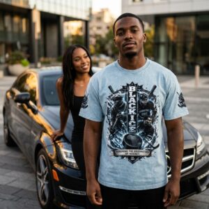 BLACK ICE HOCKEY EST. 1885 tee – man wearing the graphic shirt near a Mercedes-Benz