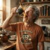 THE ENEMY HAS LIMITS. GOD DOES NOT. Christian Faith Warrior – man wearing the faith graphic tee with a coffee mug, second view