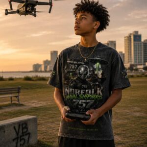 NORFOLK NAVAL SHIPYARD 757 T-Shirt | Alien Military Streetwear Tee | Norfolk Shipyard Graphic Shirt | Virginia 757 UFO Sci-Fi Apparel | Built Here Defends Freedom| Snow Washed Oversized Cotton T-Shirt
