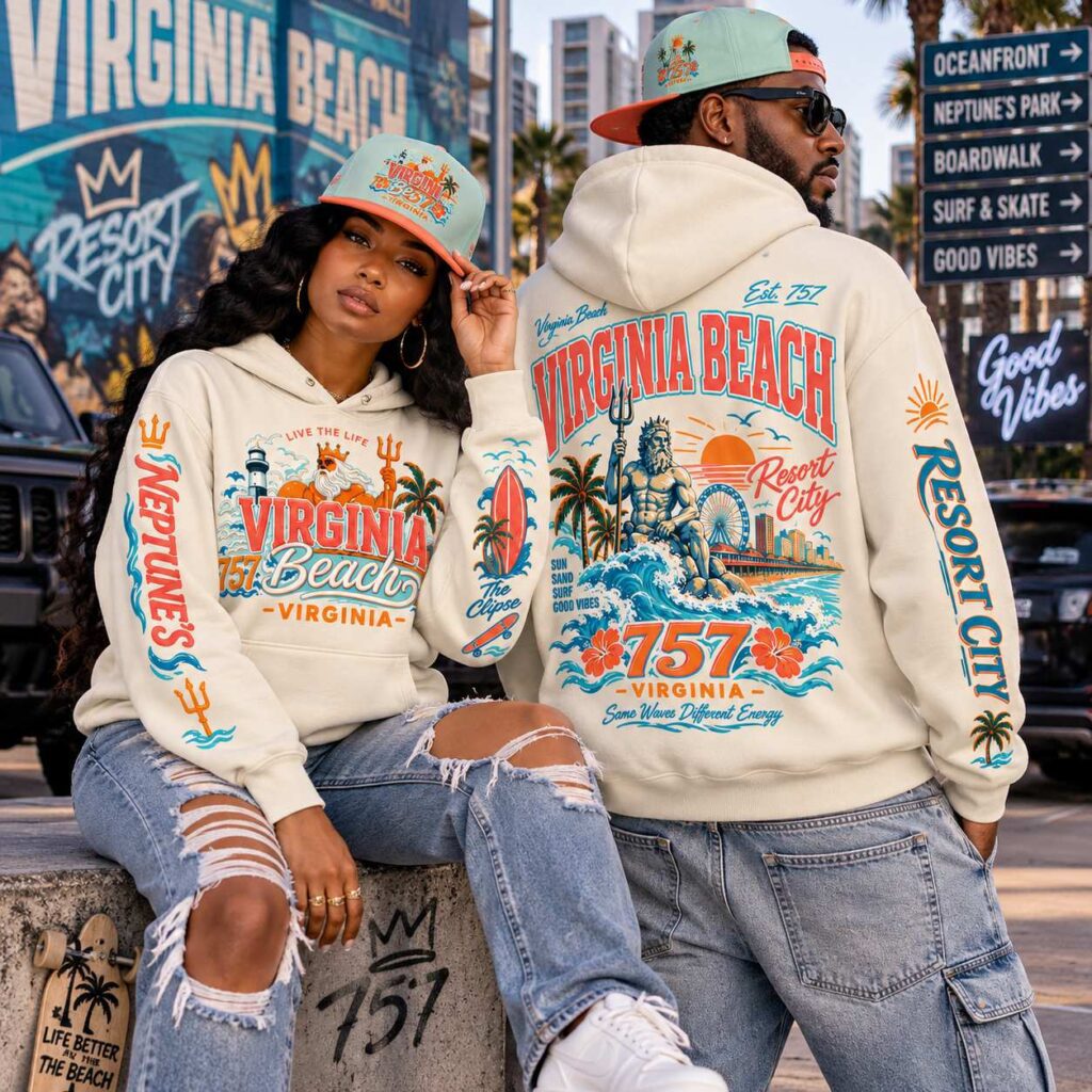Virginia Beach 757 Resort City Heavyweight Hoodie – Premium Bone Streetwear | Drop-Shoulder Hoodie